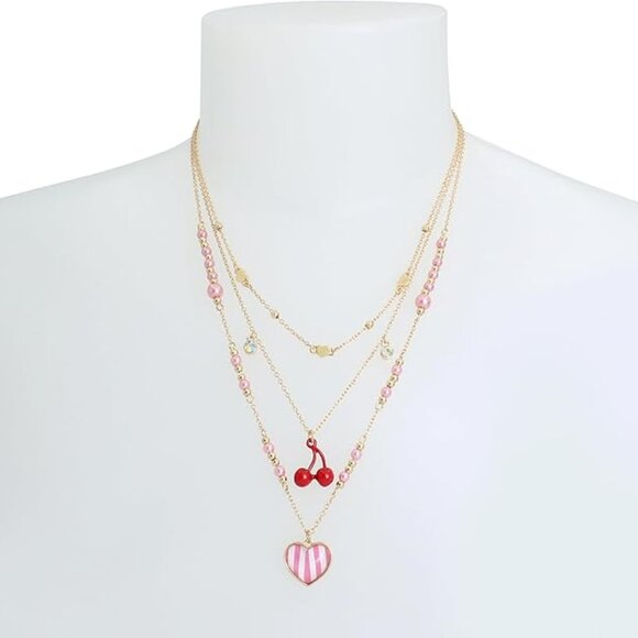 NWT Cute FUN! Betsey Johnson Triple Three Strand Heart Cherry Necklace Pink - Picture 8 of 8